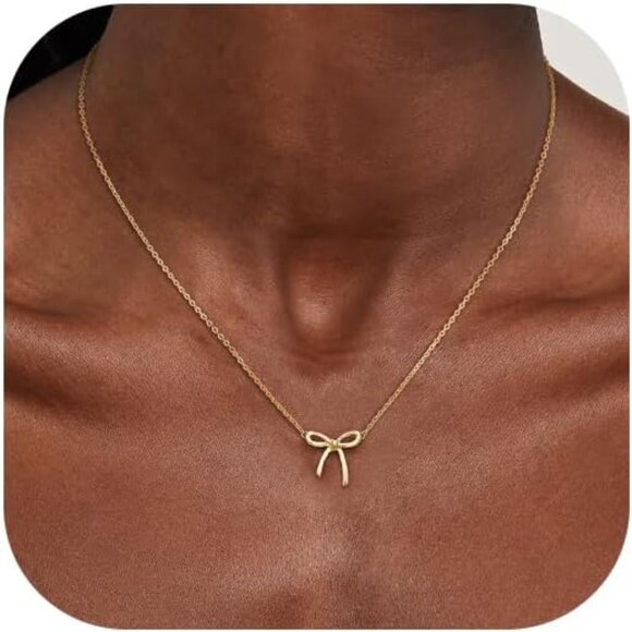 Jewelry - 14K Dainty Gold Necklace Cute Small Tiny Bow Pendant Choker Chain Necklace